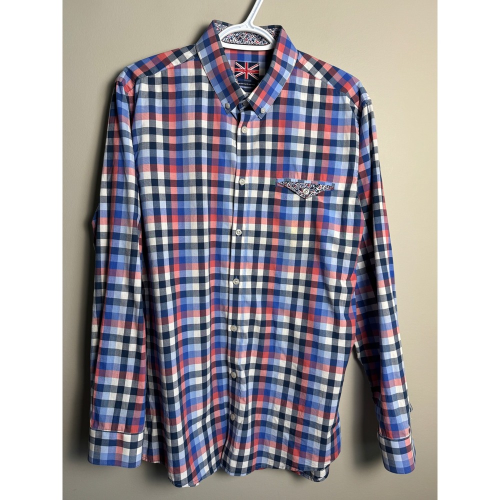 Soul of London Semi Fitted Plaid Button Down Shirt 16.5 Preppy Dandy Flip Cuffs